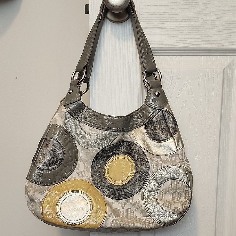 Coach Shoulder Bag Gray Monogram With Leather Circles Hobo